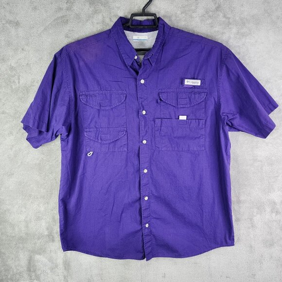 Mens Purple Columbia PFG Fishing Shirt Button Down Short Sleeve Size L - Picture 2 of 13